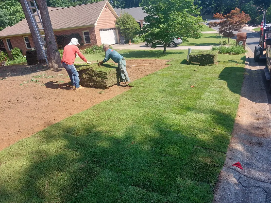 Two crew members carrying and laying a roll of sod across a graded front yard